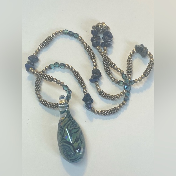 Blue and Silver Artisian Swirl Pendant Necklace with opals inlaid in glass - Picture 3 of 8